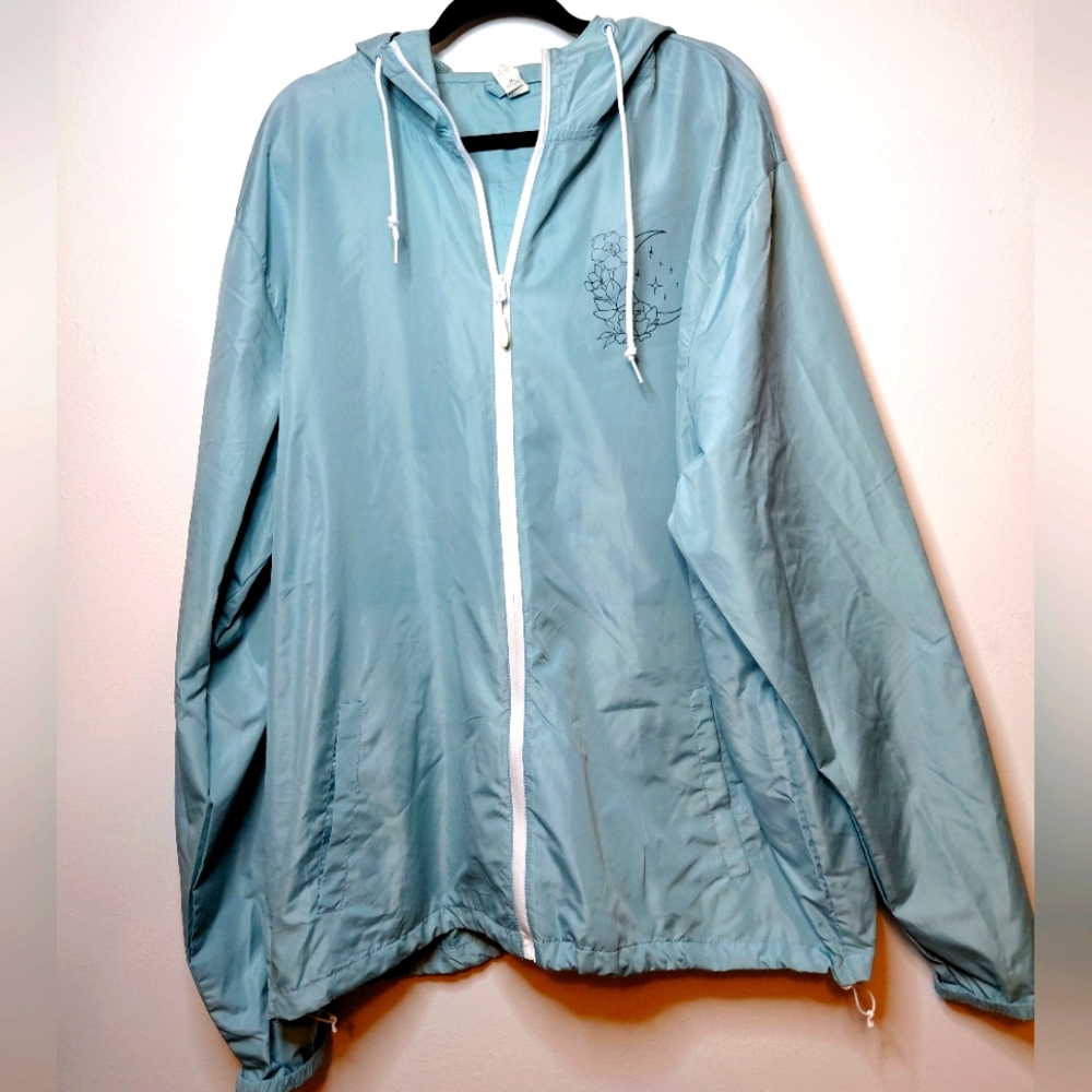 Aqua Blue Hooded Windbreaker Moon Flower 3X